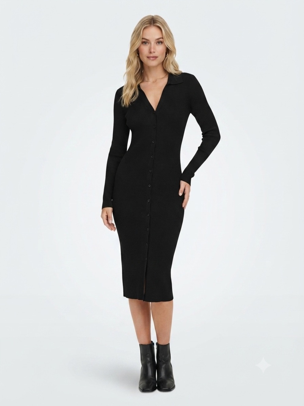 House of Harlow 1960 Black Ribbed Button-Down Midi Dress - Size Large